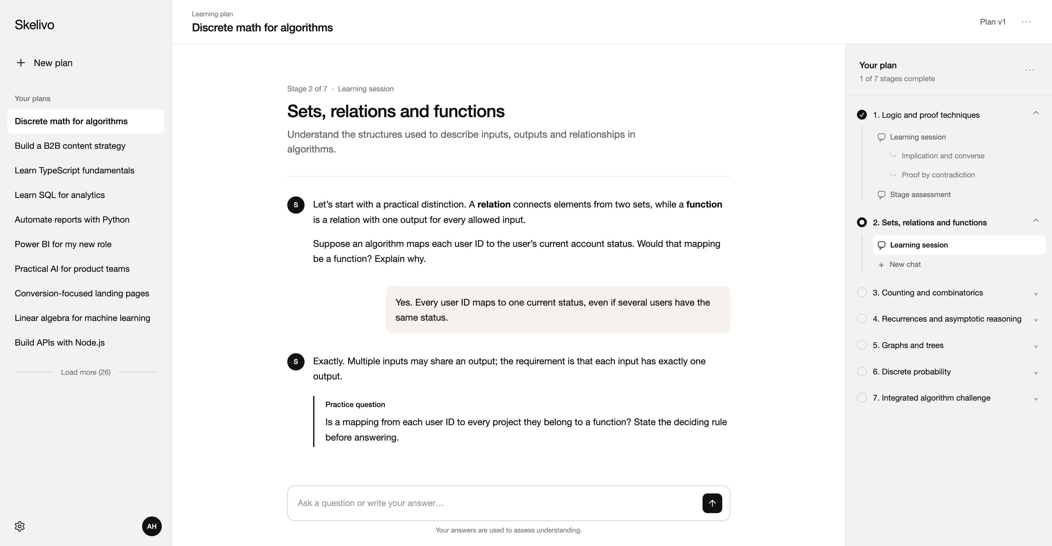Skelivo learning workspace showing a discrete mathematics lesson